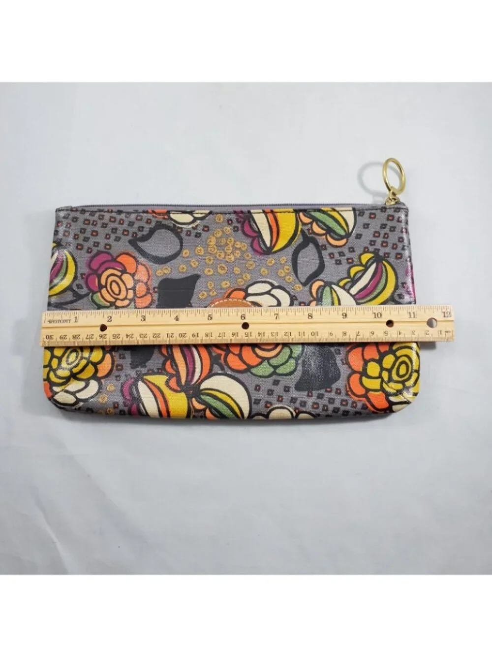 FOSSIL Key-Per Gray Floral Makeup Zip Pouch Bag Coated Canvas Cosmetic Travel